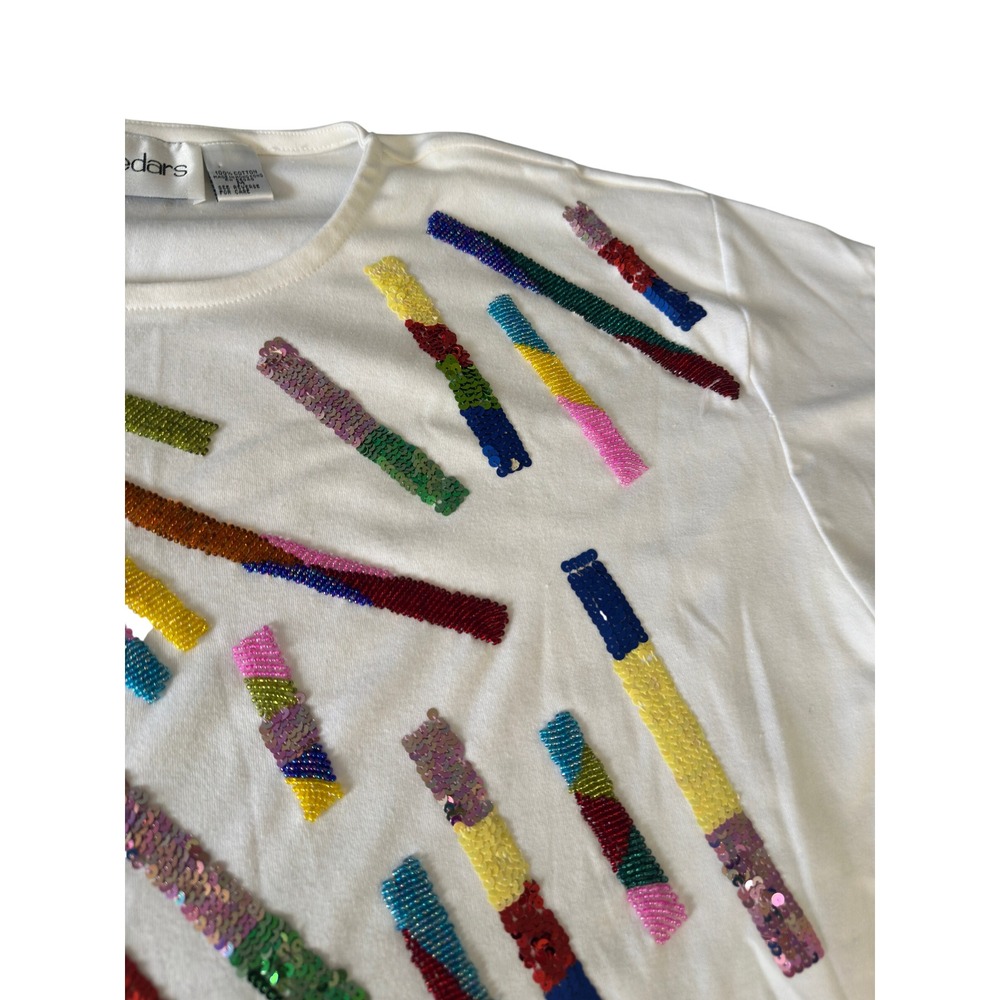 Cedars Vintage 90s White Sequin Beaded Abstract T-Shirt Womens M Oversized JS - Picture 5 of 11